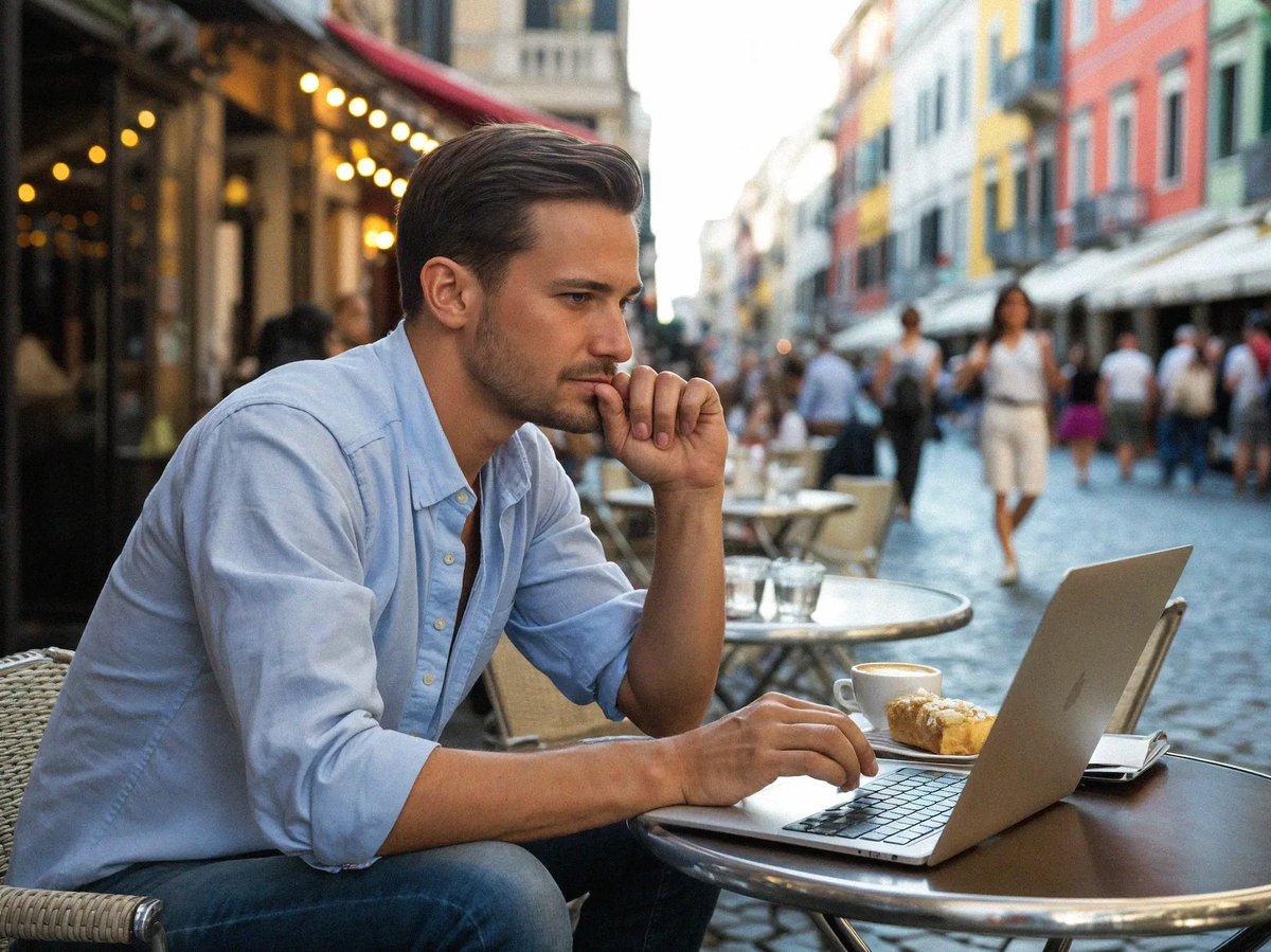 A man works remotely on his laptop at an outdoor café in a picturesque Italian street, enjoying a cappuccino and pastry.