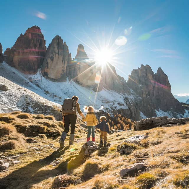 Family with children hiking towards mountains in Italy.