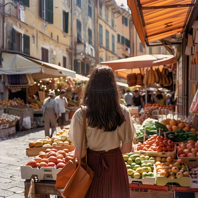 Person browsing a bustling Italian market filled with fresh fruit and vegetables.