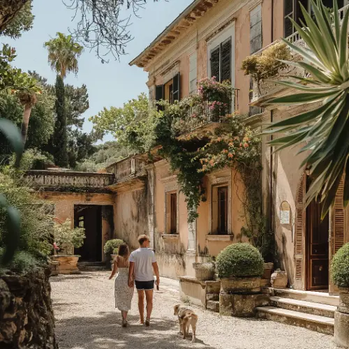 Couple and dog walking towards a beautiful Italian villa.